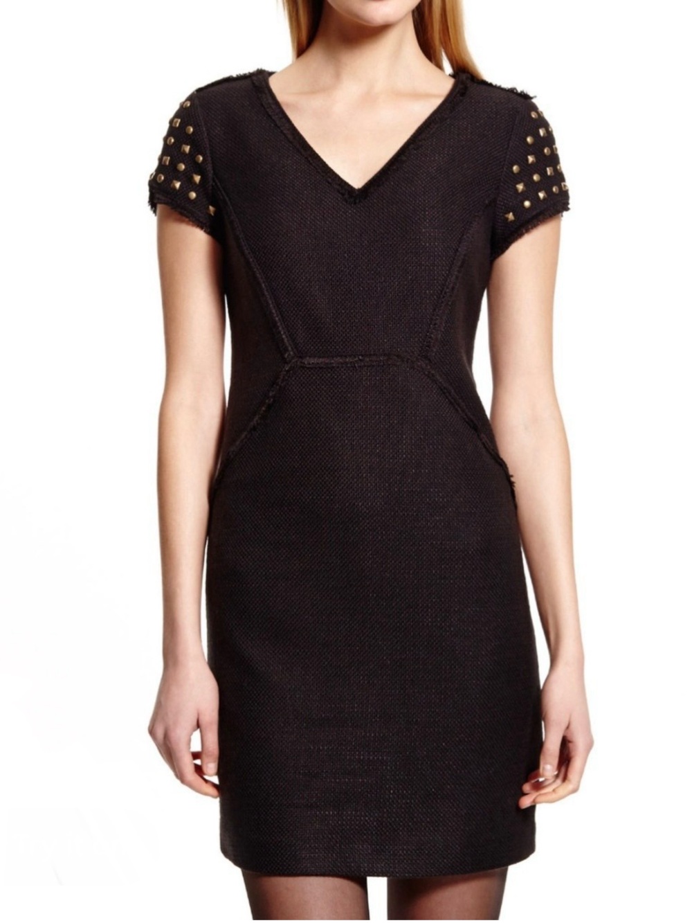 Adrianna Papell Black Sheath Dress Studded Gold Cap Sleeve Woven Work Casual